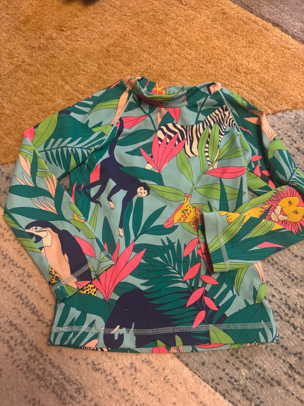 Boden Kids Swim Rash Guard in Teal, Green, Pink with Jungle Animal Print